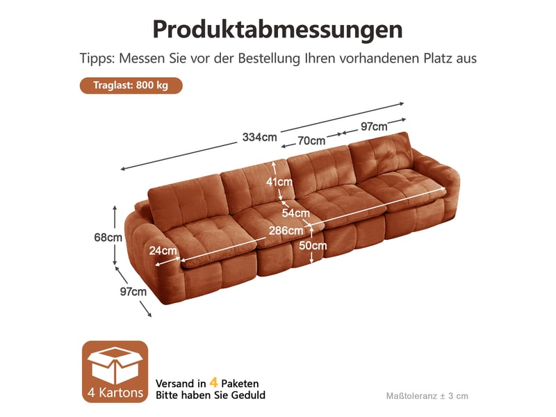 Canapé droit 4 places sans cadre, canapé modulaire, housse chenille douce, mousse 32d, assises larges et profondes, sans montage, orange  - Conforama C