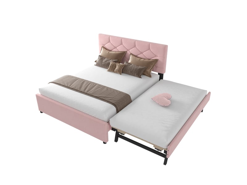  Lit gigogne 140x200 cm, lit enfant, design boutonné romantique, sommier, velours et mdf, rose, sans matelas  - Conforama A