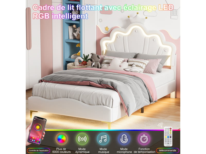 Lit double enfant 140x190 avec led, lit princesse fille avec tête de lits réglable et sommier à lattes, pu blanc - Conforama D