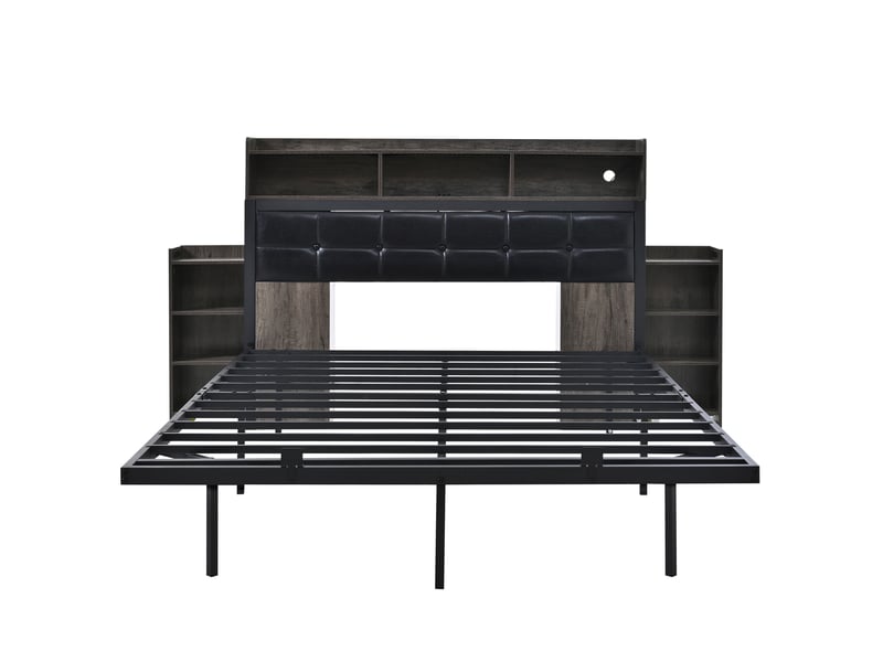  Lit 140x190 cm gris avec tête de lit, 2 chevets intégrés, rangements, usb et led, sommier inclus  - Conforama A