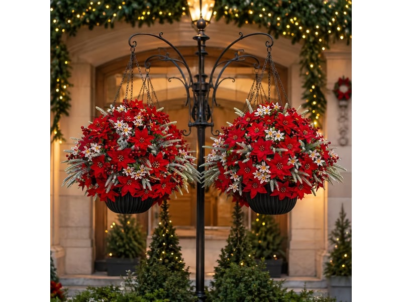 Fleurs de noël artificielles 23 pièces, poinsettias et petites roses rouges avec baies et branches de pin - Conforama D