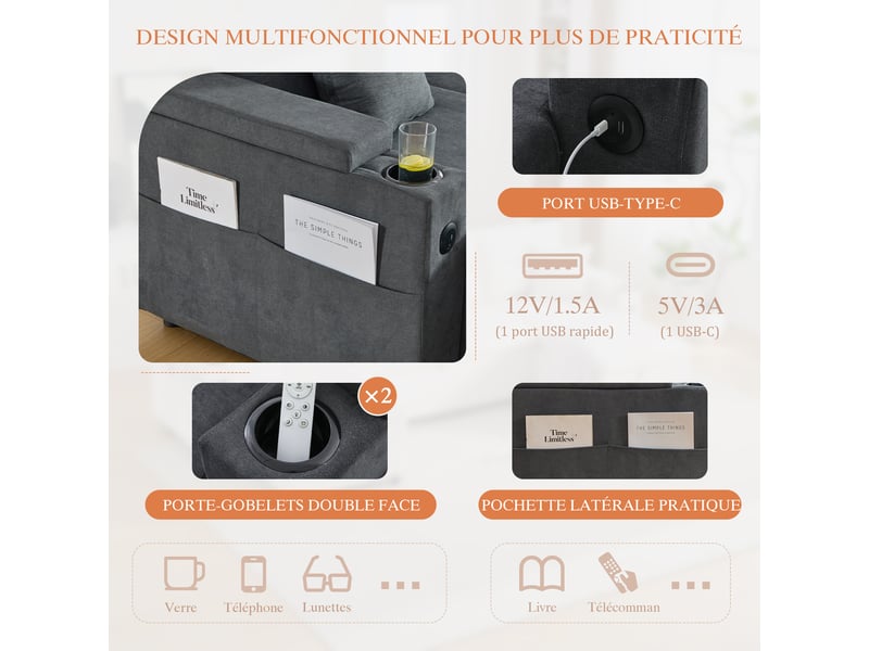 Canapé droit 4 places en tissu, chaises longues des deux côtés, rangement, porte-gobelets, ports usb et fonction lit, gris foncé, pour salon - Conforama E