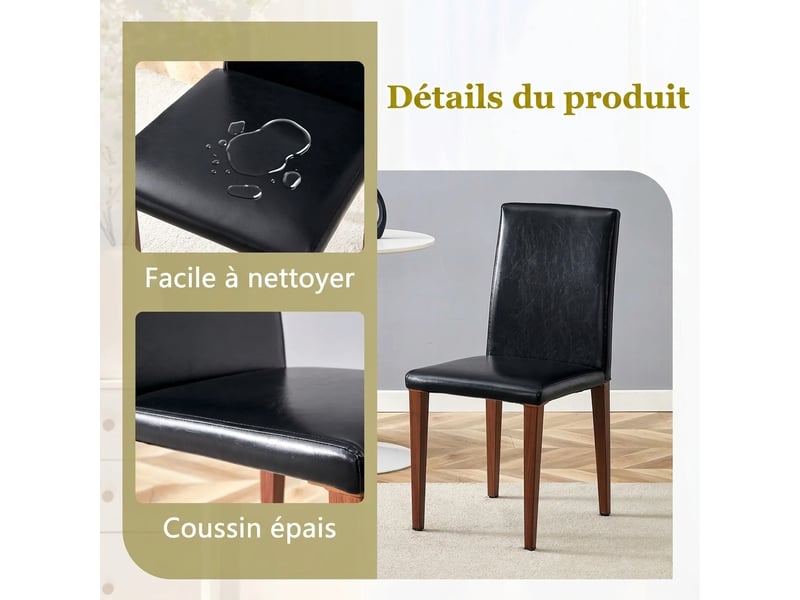 Chaises de salle à manger lot de 2, chaises en cuir pu noir avec pieds en métal aspect noyer, dossier 47 cm, style minimaliste. - Conforama R
