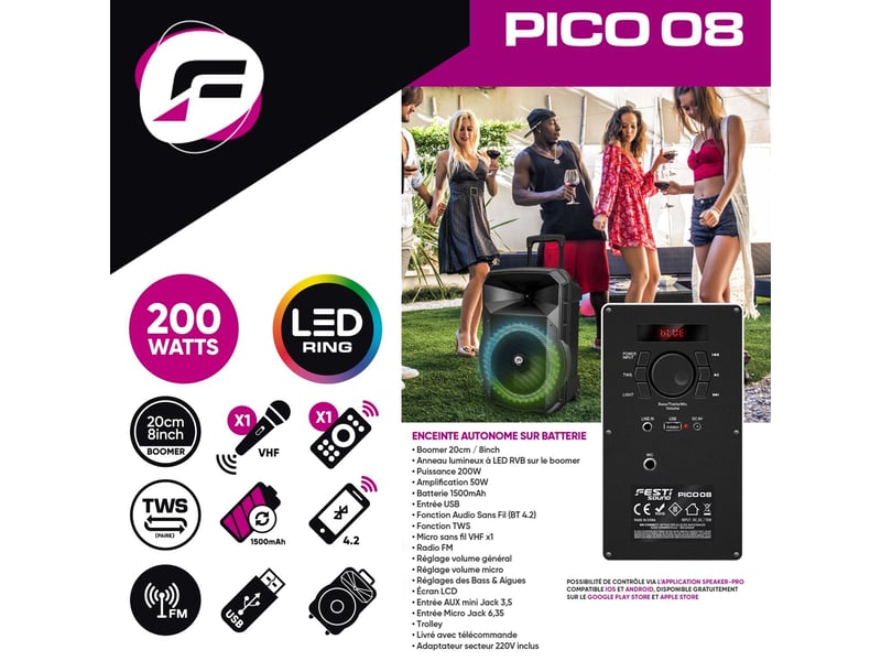  Enceinte karaoké festisound pico08, autonome sur batterie, puissance 200w, usb bluetooth, tws, radio fm, micro sans fil, ampoule  - Conforama D