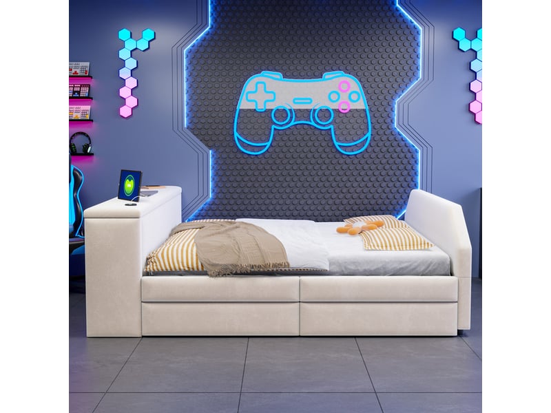 Lit pour enfant rembourré 140x200 cm – avec port de charge usb – avec lit gigogne – velours – beige (matelas non inclus) - Conforama D