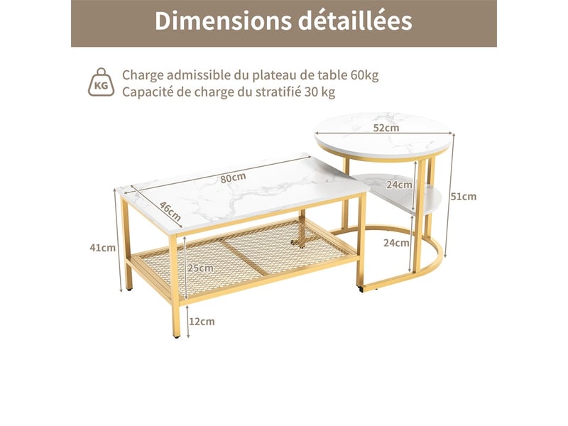  Lot de 2 tables basses gigognes 80x45x45cm et ø50x55cm - plateau marbre blanc, métal doré, double niveau salon - blanc et or  - Conforama E