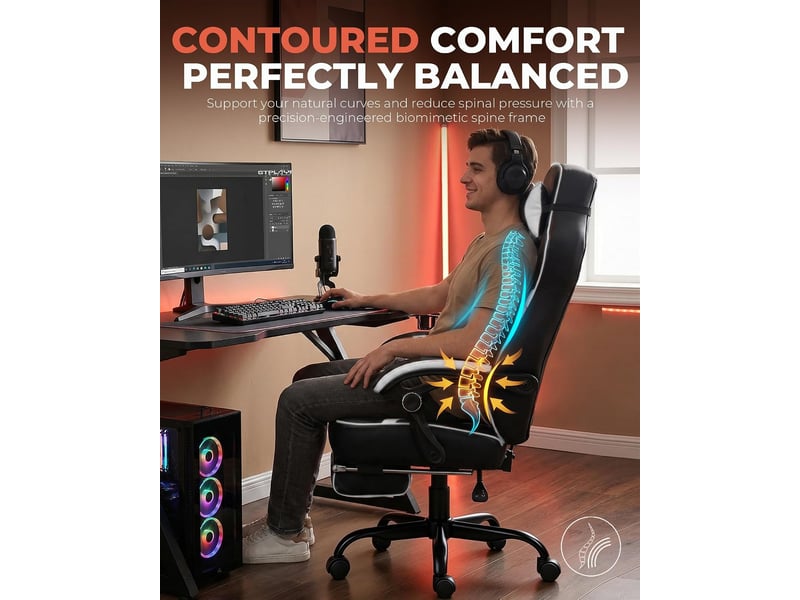  Gtplayer chaise de jeu avec repose-pieds, 180kg, soutien lombaire, appui-tête réglable, inclinable à 155° - blanc F59-WT-TJ - Conforama E
