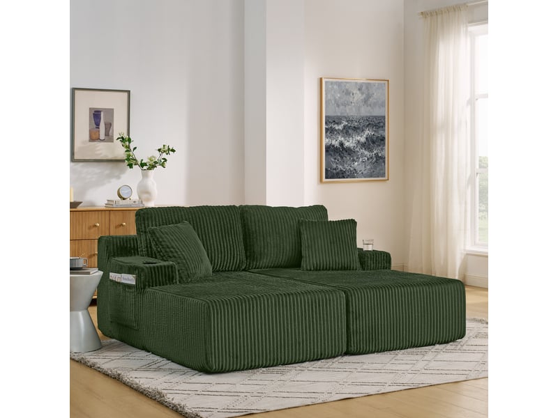  Canapé convertible, canapé-lit – poches latérales, vert, porte-gobelets, 2 places, en velours tricoté  - Conforama A