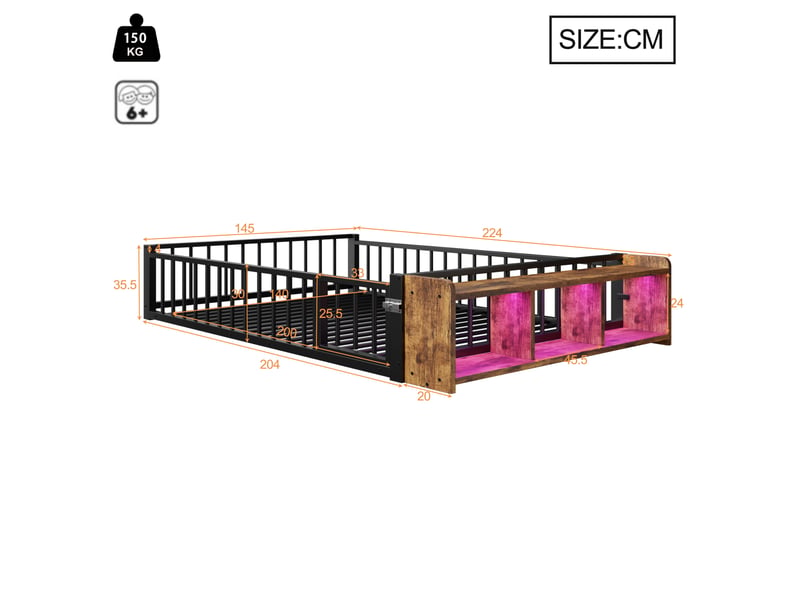  Lit en métal 140x200 noir avec rangement et led, cadre de lit 140x200 sans matelas, lit enfant avec barrière de sécurité.  - Conforama C