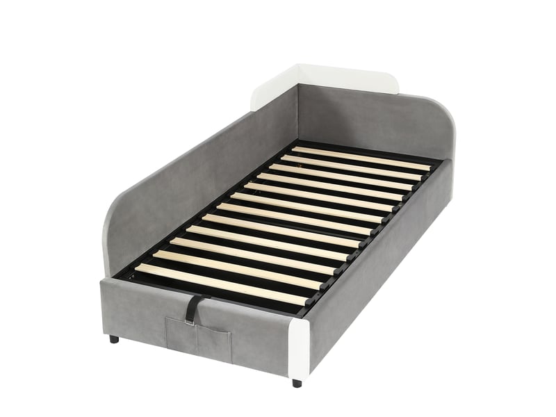  Lit coffre côté gauche 90 x 200 cm, coffre à relevage hydraulique, poche de rangement, barrières latérales, velours et contreplaqué, blanc et gris ABC - Conforama A