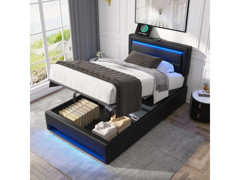  Lit coffre rembourré 90x190 cm pu noir motif litchi avec led usb charge sans fil rangement moderne  - Conforama B