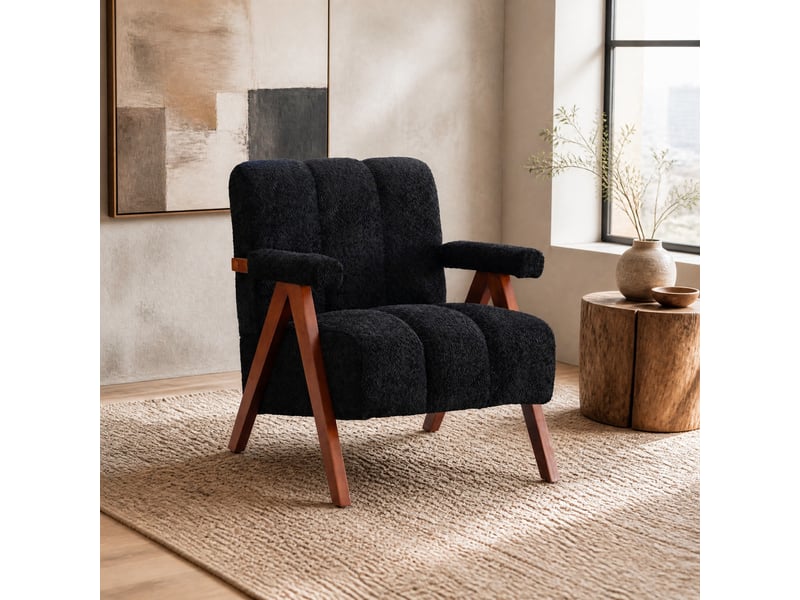  Fauteuil d'appoint bouclé avec accoudoirs noir et bois brun  - Conforama C