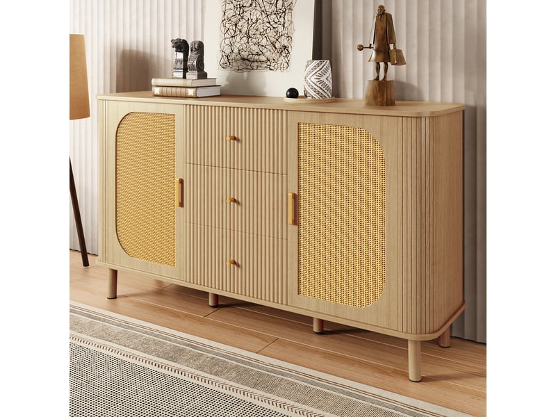  Buffet avec 2 portes et tiroirs, portes en rotin et passe-câbles, pour salon, mdf, naturel, 140×40×80 cm  - Conforama B