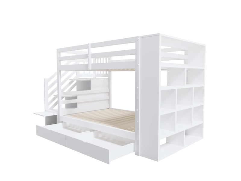  Lit superposé enfant 90x200 cm blanc, escalier avec rangements, tiroirs et barrières hautes Fay Lum - Conforama D