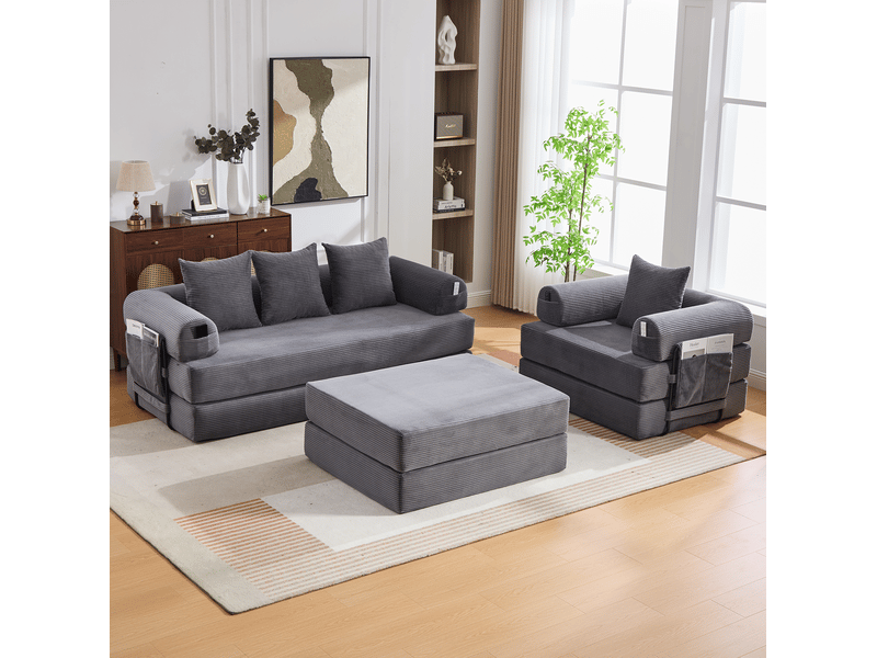 Canapé modulable 4 places avec pouf, coussins et poche latérale, à structure en métal, en tissu côtelé gris foncé - Conforama B