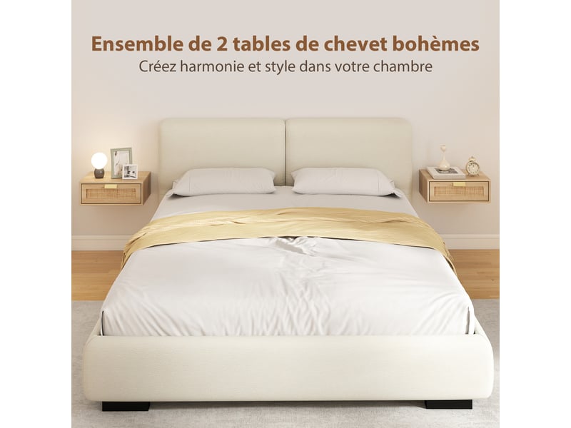  Lot de 2 tables de chevet murales avec tiroir rotin coloris chêne 40 x 30 x 15 cm  - Conforama D