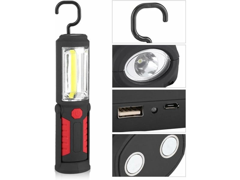  2200mah cob led 650lm 3w lampes de poche led magnétiques lampe de travail led rechargeable pour voiture garage atelier camping diy (rouge)  - Conforama C