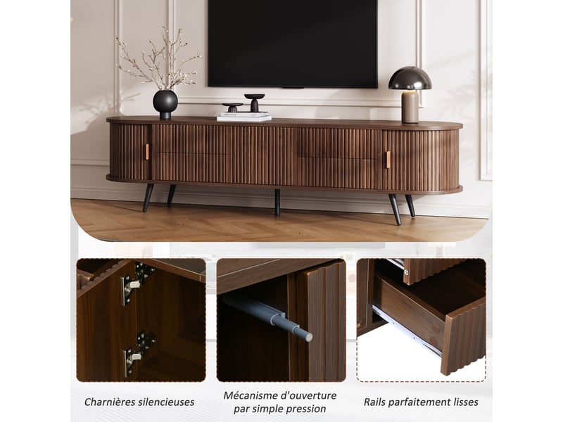 Meuble tv 180 cm avec rangement, 4 tiroirs et porte roulante, design effet noyer foncé avec rayures verticales, pour tv jusqu'à 80 pouces - Conforama D