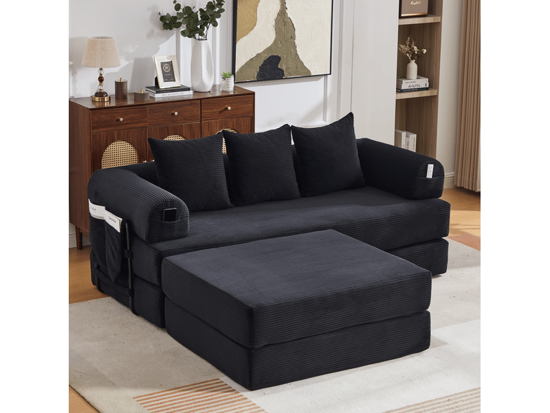  Canapé modulable 3 places en velours côtelé noir avec pouf et 3 coussins  - Conforama C