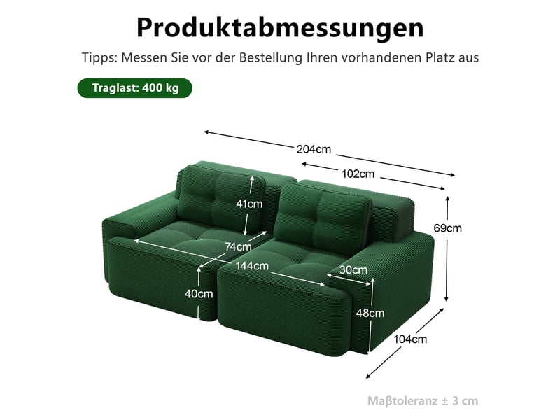  Canapé modulable 2 places sans structure,204x104x69cm,canapé à compression en velours côtelé,assise profonde et rembourrage haute densité 32d - vert  - Conforama C