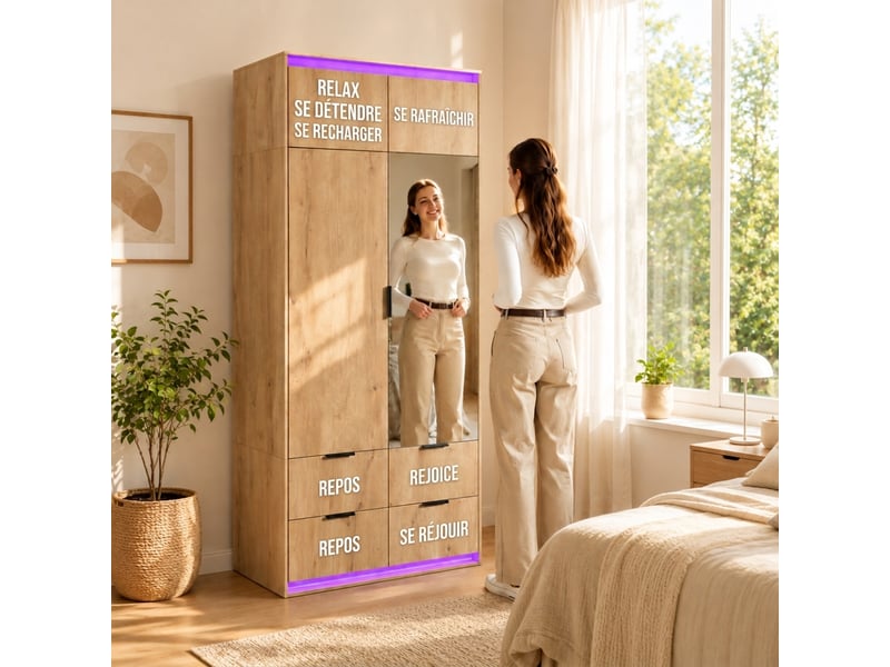 Armoire blanche 2 portes avec 3 tiroirs et penderie, 90x50x200 cm - Conforama D