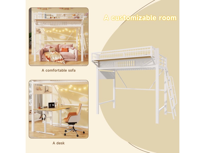  Lit mezzanine, 90 × 200 cm, blanc, métal, étagères, espace ouvert dessous, sans matelas, dimensions 235 × 119,5 × 188 cm  - Conforama D