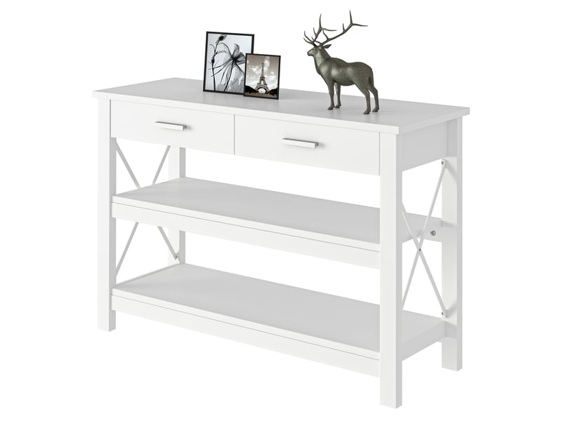  Console, table d'entrée, guéridon avec 2 tiroirs et étagères inférieures, structure en métal, 105 x 40 x 76 cm, blanc  - Conforama B