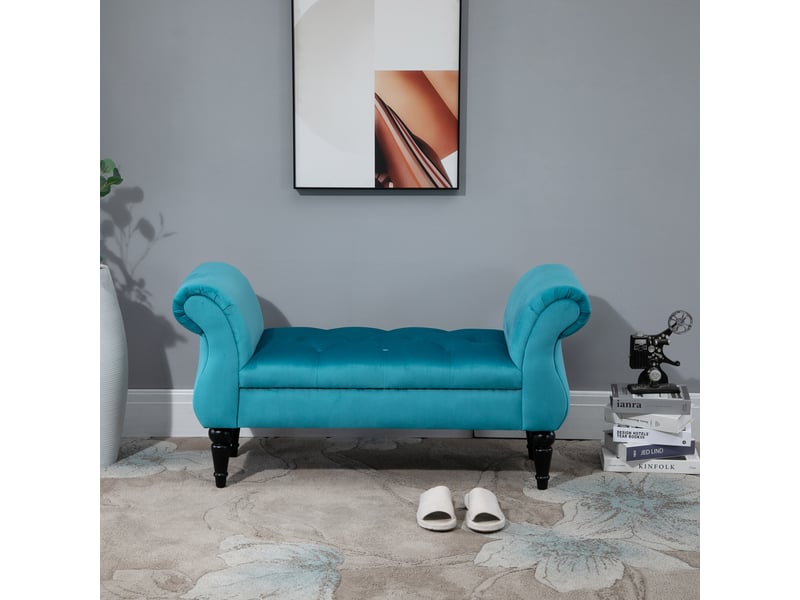  Banc de chevet style vintage, structure en bois et assise chesterfield rembourrée, bleu 117 x 40 x 58 cm  - Conforama C