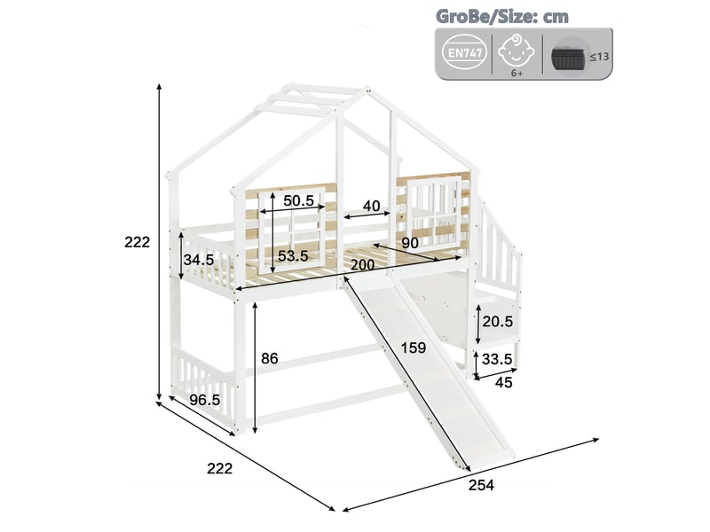  Lit cabane blanc 90x200 cm en bois massif, toboggan, échelle, toit à fenêtres et espace inférieur libre sans sommier  - Conforama C