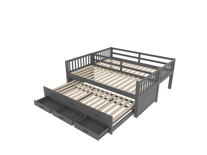  Lit superposé 90x200 cm, lit enfant avec lit gigogne et 3 tiroirs, en bois, gris, sans matelas  - Conforama E