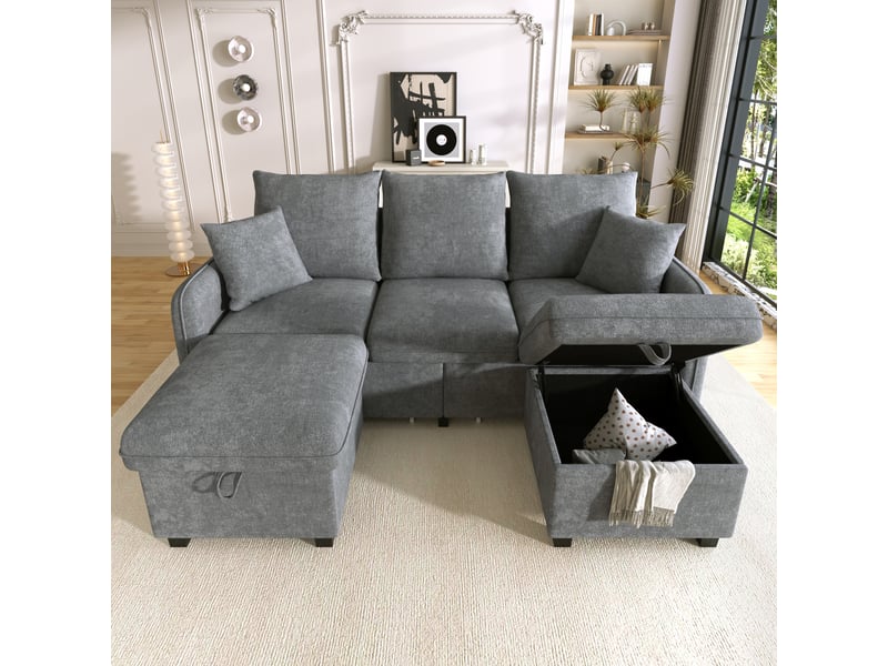  Canapé d’angle en u 3 places 188x186x86 cm convertible avec tiroirs, pouf coffre, modules séparables, chenille, gris Sol Morn - Conforama B