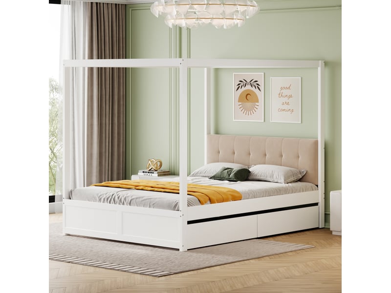  Lit avec rangement tcqpz 140 x 200 cm blanc avec dossier rembourré et 2 tiroirs  - Conforama E