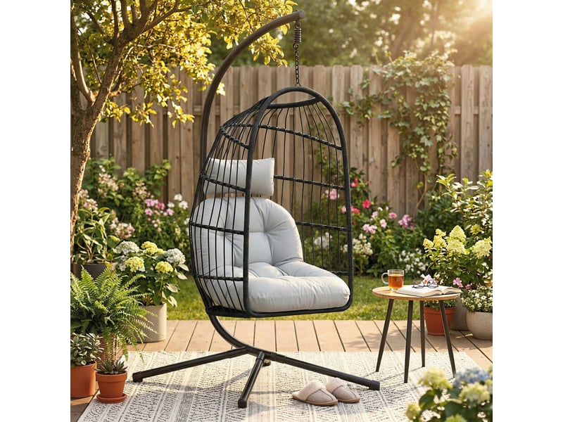 Fauteuil œuf suspendu pliable avec support coussin, 101x105x196cm gris - Conforama C