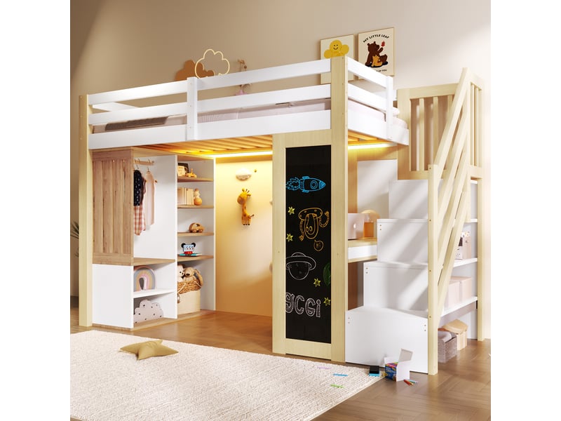  Lit mezzanine 90 x 200 cm, lit enfant surélevé, placard intégré, bureau intégré, étagères ouvertes, éclairage led, échelle, bois massif, blanc Morn Vibe - Conforama D