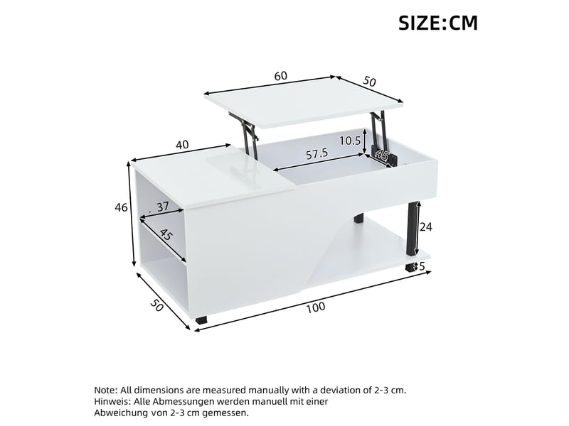  Table basse 50x100x46 cm réglable en hauteur avec led, panneau de particules blanc  - Conforama E