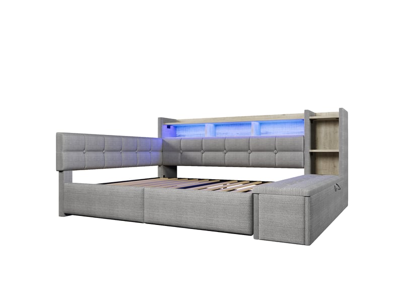 Lit banquette gris 140x190 cm avec tiroirs, led, usbtype-c, velours, rangement intégré - Conforama D