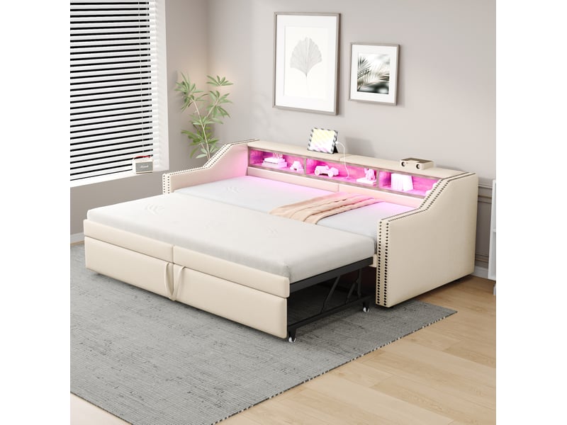  Canapé-lit extensible 90180x200 cm avec rangements, led et usb, toile de jute beige sans matelas  - Conforama B