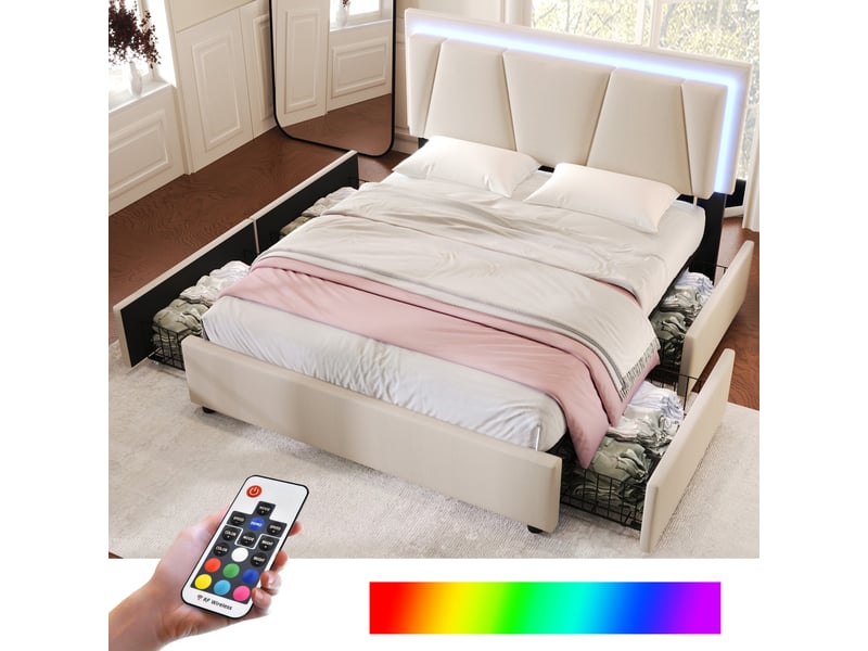  Lit capitonné, lit double 160x200 cm, 4 tiroirs, rangement intégré, led, tête de lit réglable, bois beige, matelas inclus  - Conforama D