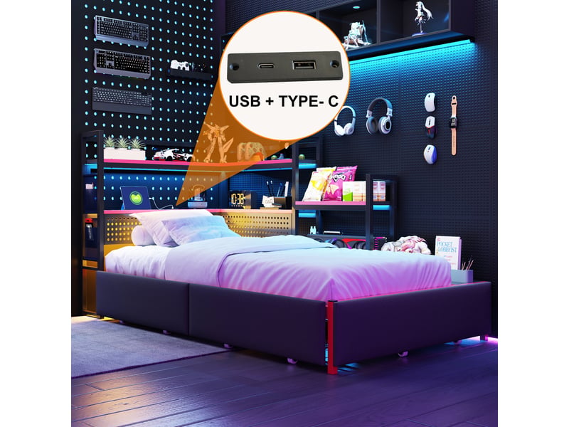  Lit en métal 90x200 cm avec 3 tiroirs, éclairage led, ports usb lit coffre avec panneau perforé et étagères latérales, métal, noir BUYDEEMEUS - Conforama D