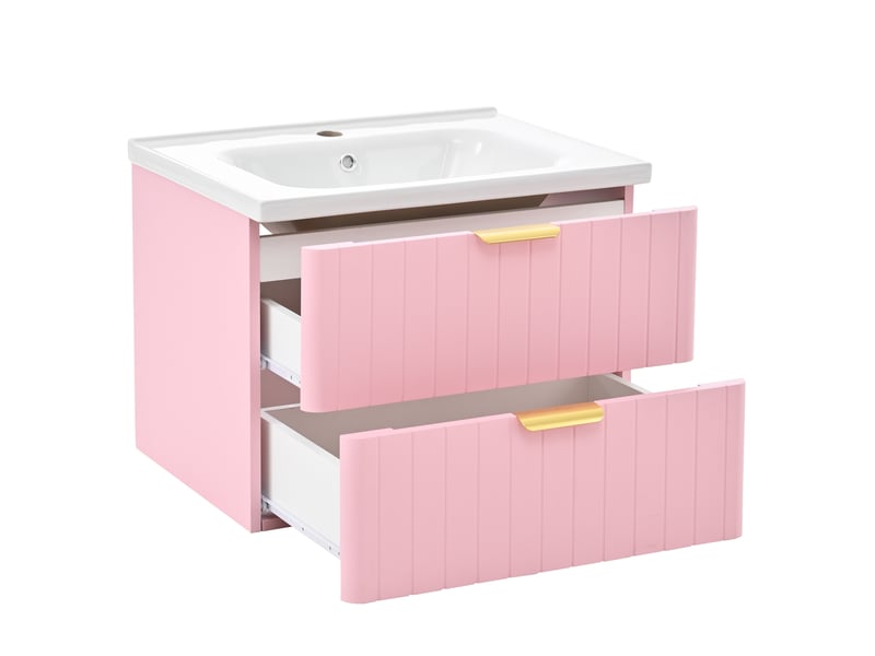 Meuble lavabo suspendu 60.5x47.5x47 cm, double rangement résistant à l'humidité, mdf, vasque céramique, rose et blanc - Conforama A