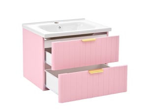 Meuble lavabo suspendu 60.5x47.5x47 cm, double rangement résistant à l'humidité, mdf, vasque céramique, rose et blanc