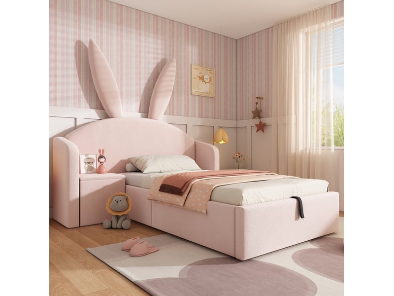  Modenvie lit enfant coffre 90x200 cm - table de chevet réversible, rangement hydraulique, sans matelas - rose  - Conforama E