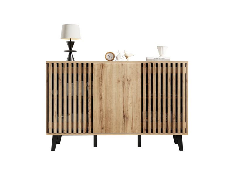  Buffet bois naturel 150 cm, meuble de rangement 3 portes avec 6 compartiments, pieds noirs  - Conforama A
