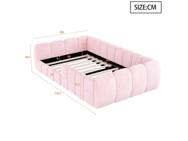  Lit au sol enfant 90x200 cm avec cadre rembourré fermé et coins arrondis, lit simple bas pour chambre enfant et ado, revêtement en velours, rose Seren Glow - Conforama C