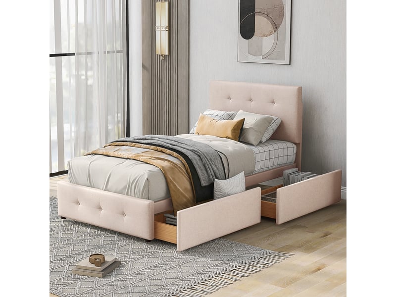  Lit simple 90x200 cm, velours beige foncé, dossier ajustable, deux tiroirs et cadre intérieur stable  - Conforama D