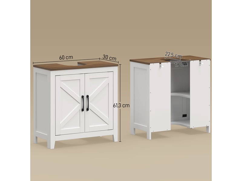  Meuble sous lavabo, meuble de salle de moderne bain avec 2 portes de grange et étagère réglable, blanc  - Conforama C