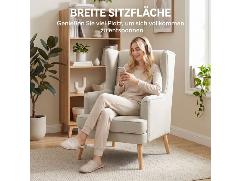 Fauteuil à dossier haut,77x77x110 cm,avec coussin lombaire,tissu effet lin,beige - Conforama D