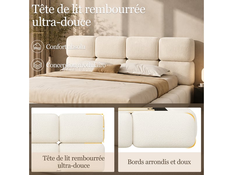  Lit coffre 200x200 cm blanc, tissu bouclé, sommier relevable hydraulique, design nuage, tête de lit rembourrée 12 cm, sommier à lattes inclus  - Conforama D