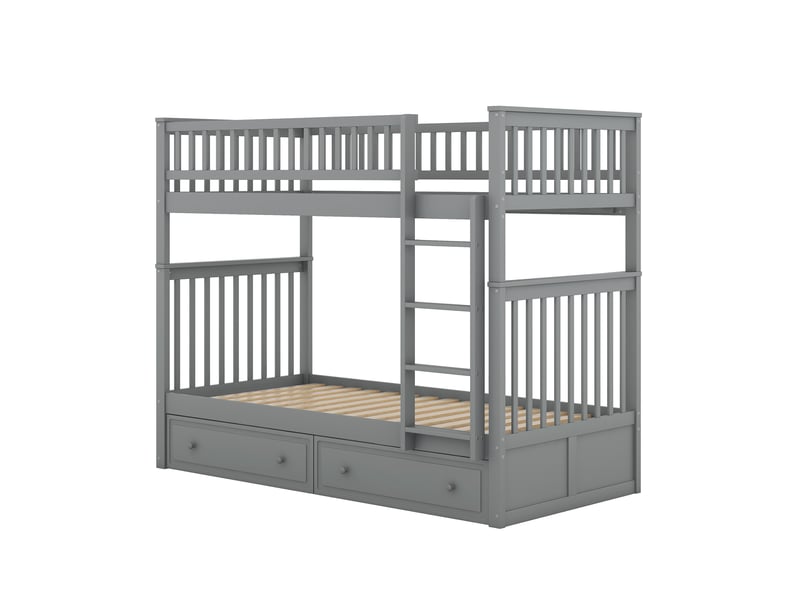  Lit superposé 90x200 en bois massif avec sommiers à lattes, lit enfant gris séparable en deux lits simples pour chambre moderne.  - Conforama W