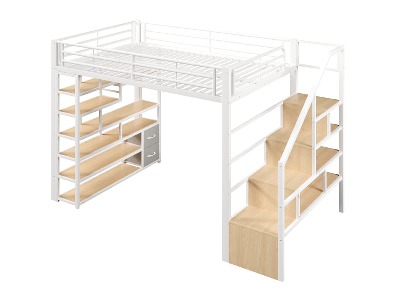  Lit mezzanine enfant 140x200 cm blanc métal et mdf, escalier avec rangement et bande led multicolore  - Conforama D